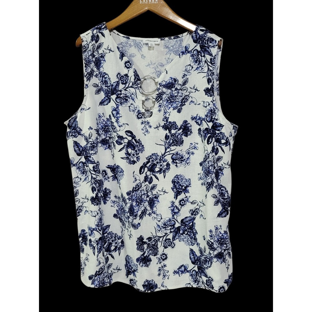 Chloe & Rene Tank Top Womens XL Blue White Floral Linen Blend Cottage Mature